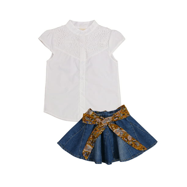 2 Pcs/Set Girls Summer Short Sleeve Lace Tops and Blue Skirt with Shoulder-Straps for 1-6 Years Baby Toddler Girl 